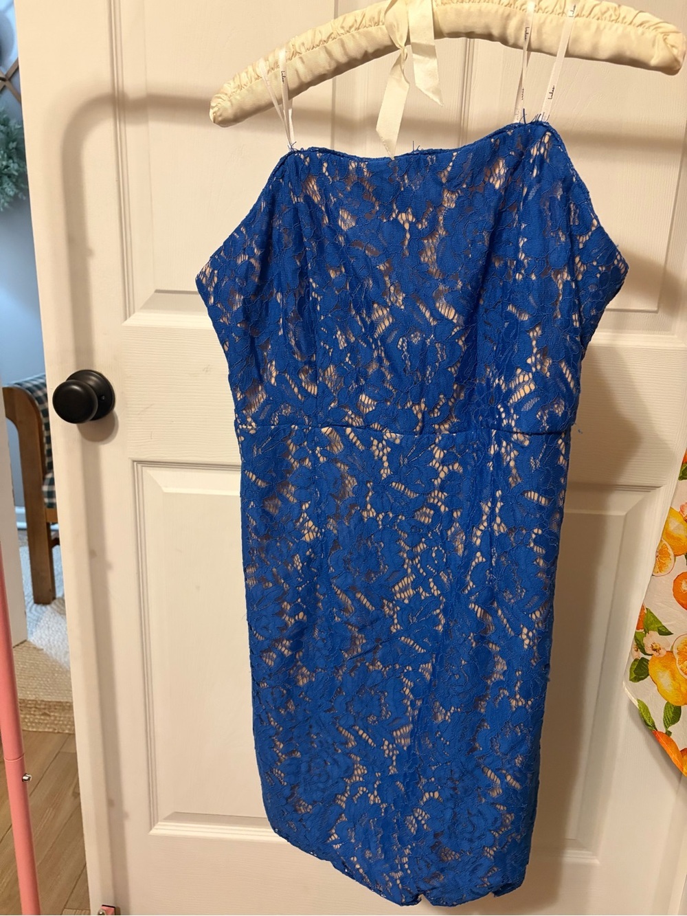 Lulu's Royal Blue Strapless Lace Sheath Dress